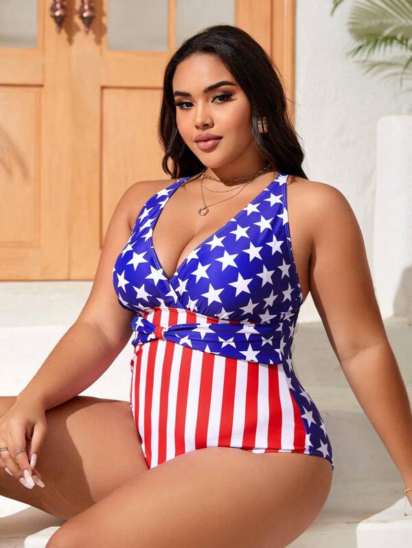 SHEIN Plus Americana Print Crisscross Backless One Piece Swimsuit