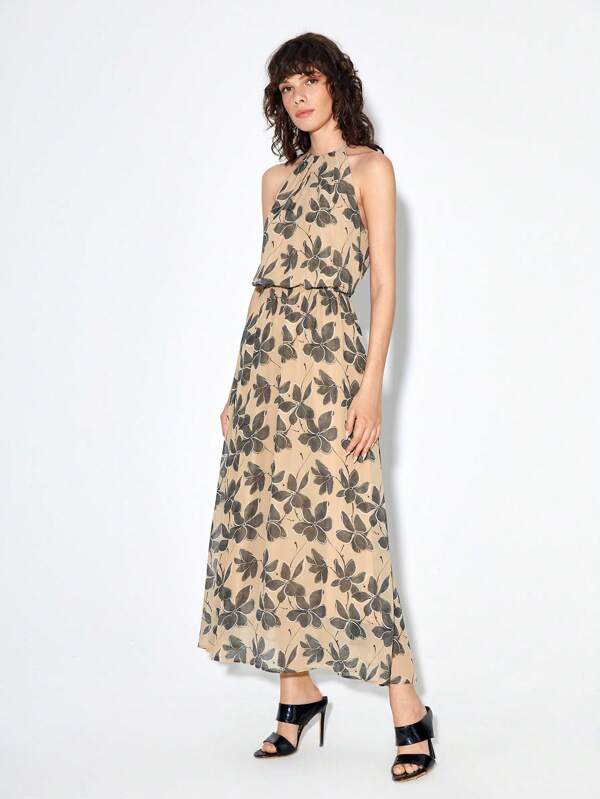 Vickie Chiang Floral Print Halter Neck Dress