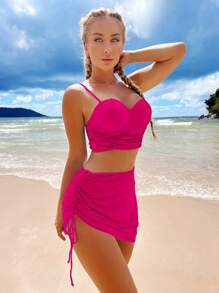 SHEIN Bañador bikini push up fruncido con falda de playa - Rosa Fucsia - Ver 1