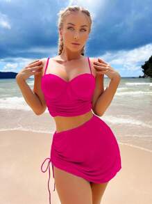 SHEIN Bañador bikini push up fruncido con falda de playa - Rosa Fucsia - Ver 8