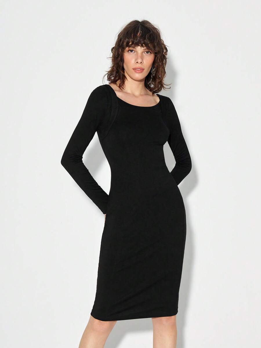 Majo 素色大圓領緊身連衣裙 - 黑色 - 查看 1