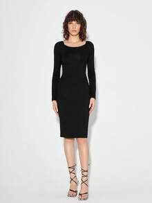 Majo 素色大圓領緊身連衣裙 - 黑色 - 查看 5