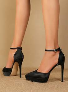 女士極簡尖頭細跟踝帶優雅戶外高跟鞋 - 黑色 - 查看 4