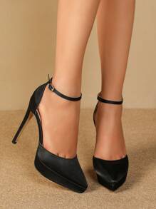 女士極簡尖頭細跟踝帶優雅戶外高跟鞋 - 黑色 - 查看 8