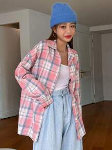 DAZY Camisa de botones con hombros caídos a cuadros, franelas para mujer, ropa de mujer de otoño, blusa de manga larga - Rosa - Ver 4