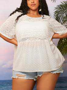 SHEIN CURVE+ Blusa peplum de lunares con encaje en contraste sin sujetador - Beis - Ver 1