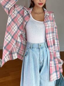 DAZY Camisa de botones con hombros caídos a cuadros, franelas para mujer, ropa de mujer de otoño, blusa de manga larga - Rosa - Ver 6