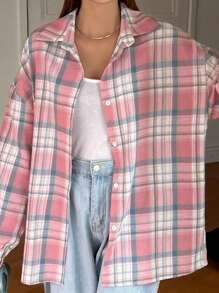 DAZY Camisa de botones con hombros caídos a cuadros, franelas para mujer, ropa de mujer de otoño, blusa de manga larga - Rosa - Ver 8