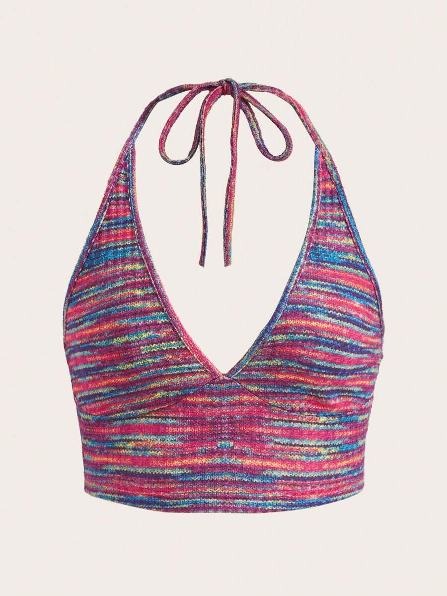 SHEIN Qutie Space Dye Backless Crop Halter Top - Multicolor - View 1