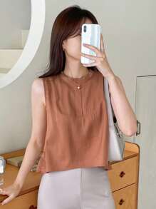 DAZY Business Casual Solid Color Sleeveless Shirt,Ruffle Going Out Tops - Coral Orange - View 1