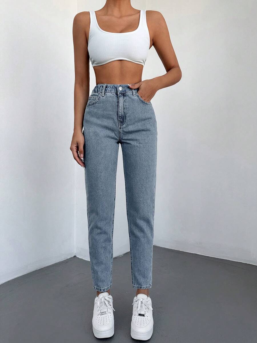 SHEIN Cottnline High Waist Mom Fit Jeans - Light Wash - View 1