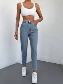 SHEIN Cottnline High Waist Mom Fit Jeans - Light Wash - View 3