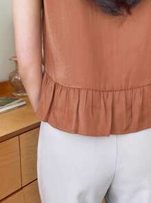 DAZY Business Casual Solid Color Sleeveless Shirt,Ruffle Going Out Tops - Coral Orange - View 7