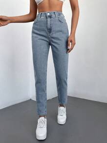 SHEIN Cottnline High Waist Mom Fit Jeans - Light Wash - View 4