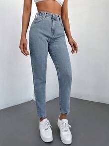 SHEIN Cottnline High Waist Mom Fit Jeans - Light Wash - View 5