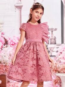 SHEIN Girls Ruffle Trim Lace Dress - Dusty Pink - View 1
