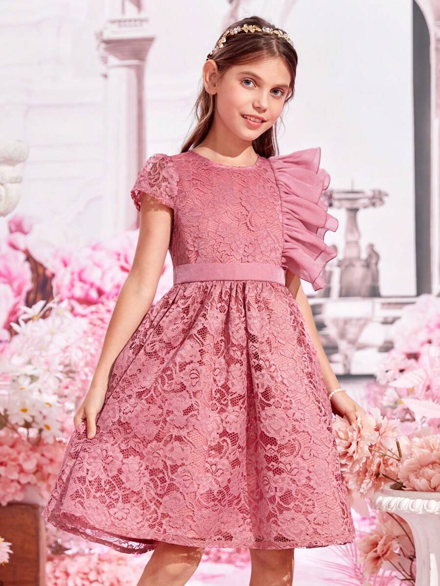 SHEIN Girls Ruffle Trim Lace Dress - Dusty Pink - View 1