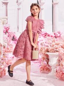 SHEIN Girls Ruffle Trim Lace Dress - Dusty Pink - View 3