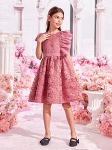 SHEIN Girls Ruffle Trim Lace Dress - Dusty Pink - View 4