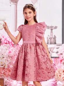 SHEIN Girls Ruffle Trim Lace Dress - Dusty Pink - View 6