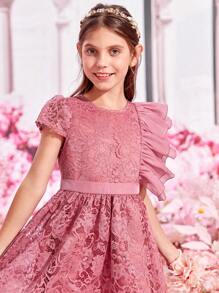 SHEIN Girls Ruffle Trim Lace Dress - Dusty Pink - View 7