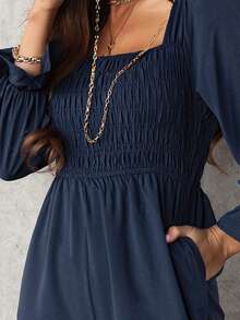 CILKOO Shirred Square Neck Flounce Sleeve Wide Leg Jumpsuit - Navy Blue - View 6