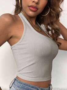 SHEIN EZwear Backless Ribbed Knit Halter Top - Light Grey - View 3
