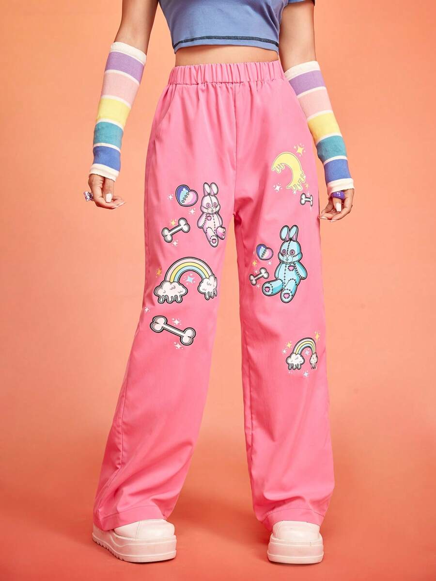 KLARYSSA Kawaii 卡通圖案闊腿褲 - 玫紅色 - 查看 1