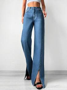 Cottnline Split Hem Zipper Fly Jeans - Rửa trung bình - Xem 4