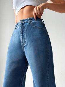 Cottnline Split Hem Zipper Fly Jeans - Rửa trung bình - Xem 5