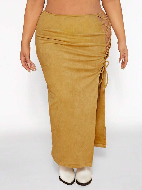 SHEIN SXY Plus Lace Up Side Split Thigh Suedette Skirt