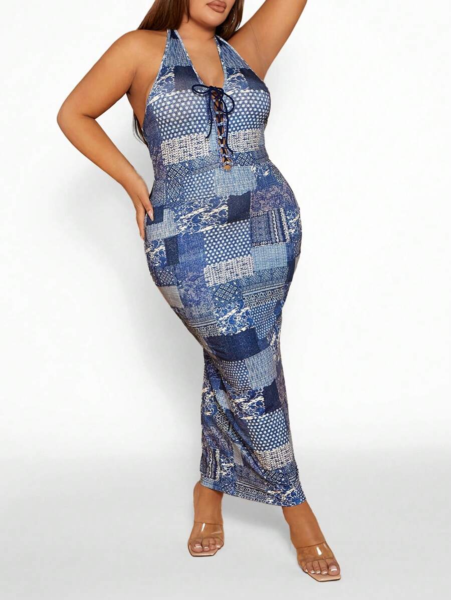 SHEIN SXY 大碼撞色拼接圖案前繫帶繞頸露背緊身連衣裙 - 彩色 - 查看 1