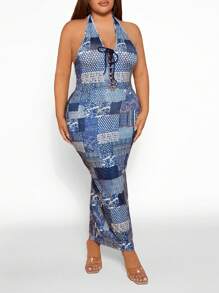 SHEIN SXY 大碼撞色拼接圖案前繫帶繞頸露背緊身連衣裙 - 彩色 - 查看 3