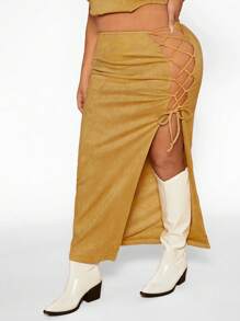 SHEIN SXY Plus Lace Up Side Split Thigh Suedette Skirt - Mustard Yellow - View 5