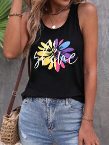 SHEIN LUNE 字母和花卉印花背心 图案 T 恤 女士上衣 - 黑色 - 查看 1