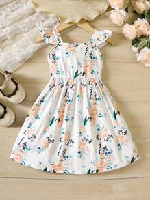 SHEIN 小女童印花荷葉邊前蝴蝶結洋裝 - 白色 - 查看 2