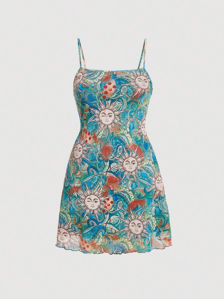 SHEIN MOD 大碼太陽和佩斯利印花吊帶連衣裙 - 彩色 - 查看 1