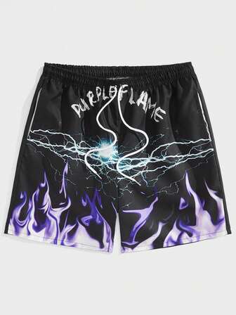 Street Life Guys Fire Lightning & Letter Graphic Drawstring Waist Shorts
