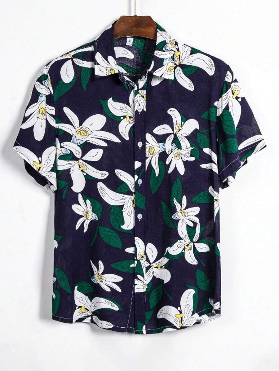 Men Floral Print Button Up Shirt - Multicolor - View 1
