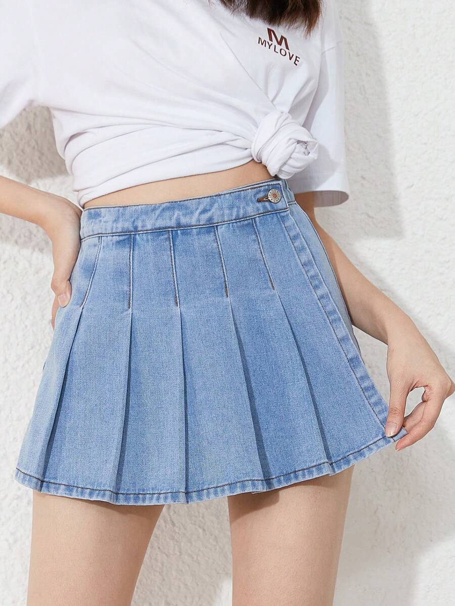 Bé Gái Quần Shorts Denim Nút Dây kéo Xếp li màu trơn - Rửa nhẹ - Xem 1