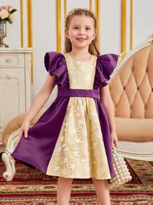 SHEIN Đầm bé gái Xù Dây kéo Khối Màu Hoa Buổi tiệc - Nhiều màu - Xem 2