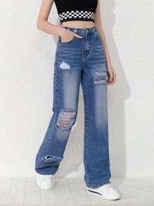 SHEIN 青少年女孩破洞直筒牛仔褲 - 中等水洗藍 - 查看 4