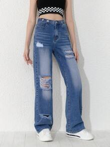 SHEIN 青少年女孩破洞直筒牛仔褲 - 中等水洗藍 - 查看 6