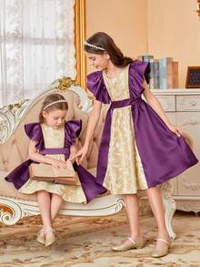 SHEIN Đầm bé gái Xù Dây kéo Khối Màu Hoa Buổi tiệc - Nhiều màu - Xem 11