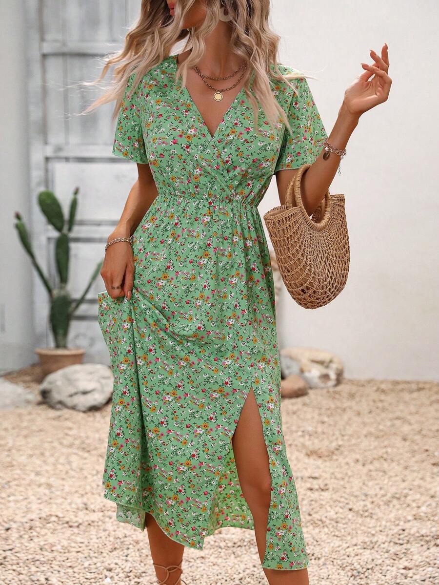 SHEIN Clasi Ditsy Floral Print Split Thigh Dress - Green - View 1