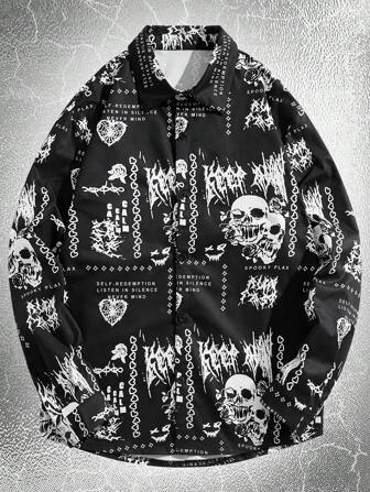 Goth Hombres Camisa con letra con estampado de cráneo con botón delantero