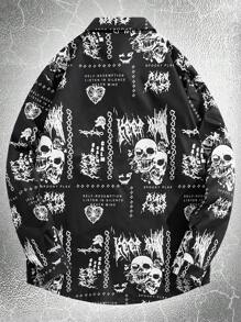ROMWE MEN Goth Guys Letter Skull Graphic Button Front Shirt - Black - View 2
