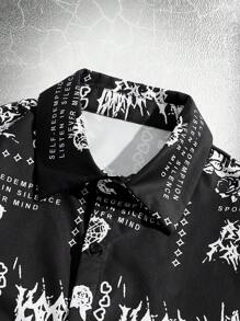 ROMWE MEN Goth Guys Letter Skull Graphic Button Front Shirt - Black - View 3