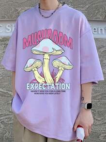 Claim Dot Men Mushroom & Slogan Graphic Drop Shoulder Oversized Tee - Mauve Purple - View 1