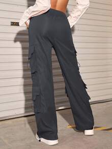 Flap Pocket Grommet Eyelet Chi tiết Quần vải dù chở hàng - Xám - Xem 2